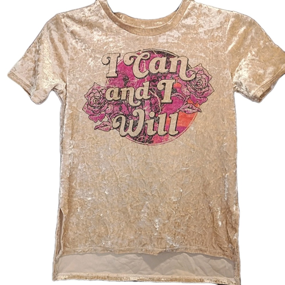 Art Class Girls Beige Velvet Short Sleeve I Can And I Will Top  Size Medium 7/8